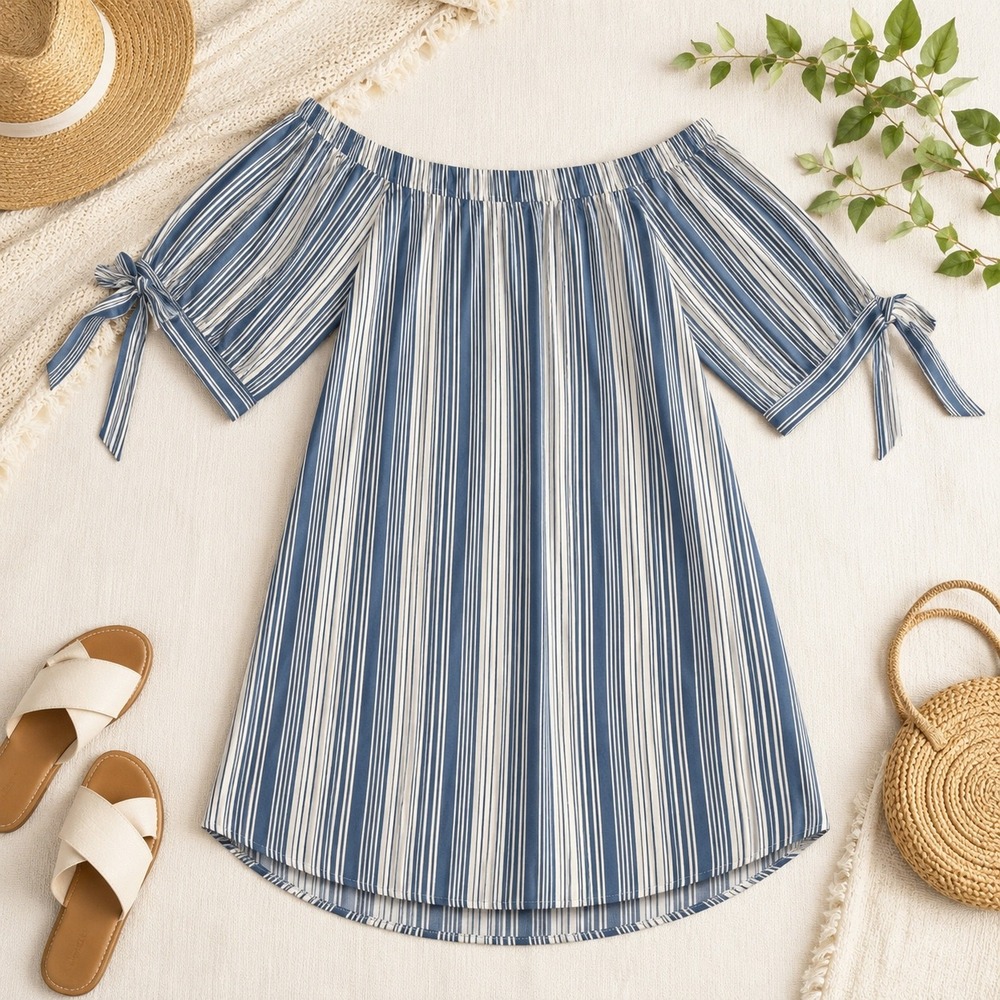 THM Off Shoulder Dress Top Womens Medium Blue Stripe Tie Sleeve Coastal Nautical
